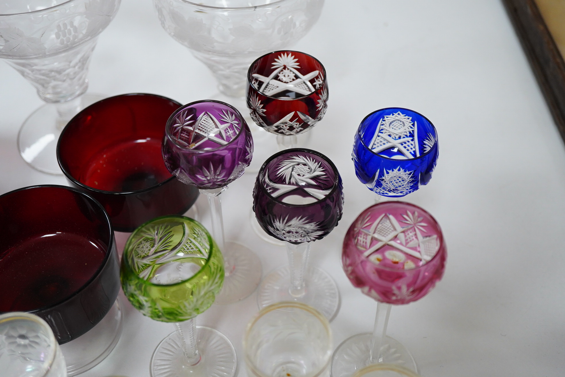 A collection of various glass ware to include hoc glasses, floral etched rummers etc.